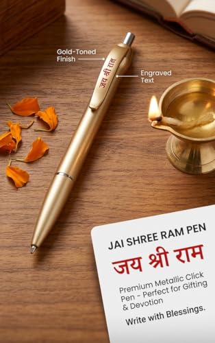 Image of Premium Gold-Toned Jai Shree Ram Engraved Metallic Ballpoint Pen with Pull-Out Rama Lalla Scroll - Exclusive Spiritual Gift & Devotional Stationery