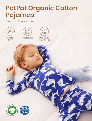 PATPAT Baby Boys Pajama Set with Organic Cotton, Snug fit Pjs for Toddler Kids, Supersoft & Stretchy Sleeper Sleepwear, Shark Squad, 5T