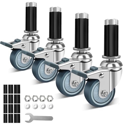 3 Inch Caster Wheels for Prep Table, Expanding Stem Casters Set of 4, Heavy Duty Castors with Locking Brake Fit 7/8", 1", 1-1/8" Stainless Steel Furniture Legs, Wire Shelving Racks,Utility Cart