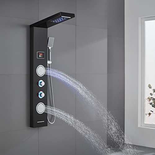 Rovate Shower Panel Tower System With Led Rainfall Waterfall Shower Head, 5-In-1 Led Stainless Steel Shower Panel System With Round Body Jets, Handheld And Tub Spout, Black Finish #TOP6