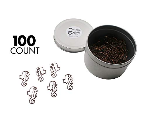 Butler in the Home 100 Count Seahorse Shaped Paper Clips Great for Paper Clip Collectors or Office Gift - Comes in Round Tin with Lid and Gift Box (Brown)