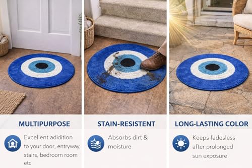 Image of Adequate Decorative Super Soft Round Evil Eye Rangoli Door Mat, Blue, Microfiber, Doormat for Home Entrance| Bedroom| Bathroom| Kitchen| Living| Pooja Room| Temple| Floor mat (Round Evil Eye mat)