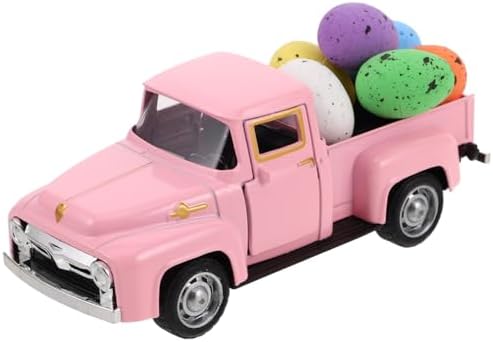 SUPVOX Pink Vintage Truck Decor: Diecast Metal Pickup with 6 Easter Egg Ornaments - Retro Farmhouse Tabletop Figurine for Holiday & Home Office Display