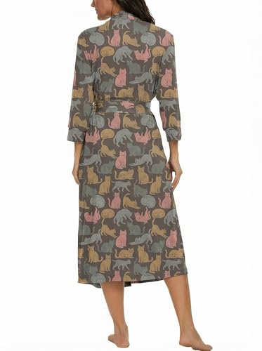Image of VINTATRE Robes for Women Long Knit Bathrobe XS-4XL | 3 /4 Sleeve Bathrobes with Pockets, Stretchy and Lightweight Fabric, Inner Tie and Fixed Outer Matching Belt, Mid Calf Length