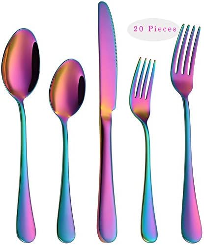 Rainbow Flatware Cutlery Silverware Set 20 Pieces, Stainless Steel Colorful Utensils, Tableware Set Service for 4, Include Knife/Fork/Spoon, Reusable, Mirror Polished, Dishwasher Safe