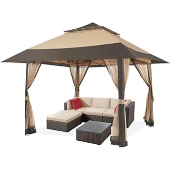 Foto di Yaheetech Gazebo da Giardino Esterno 4 x 4 m Padiglione da Giardino con Zanzariera Struttura in Metallo Doppio Tetto con Stabili Stoffa Kaki Tubo di Terrazzo Antipioggia Antisole