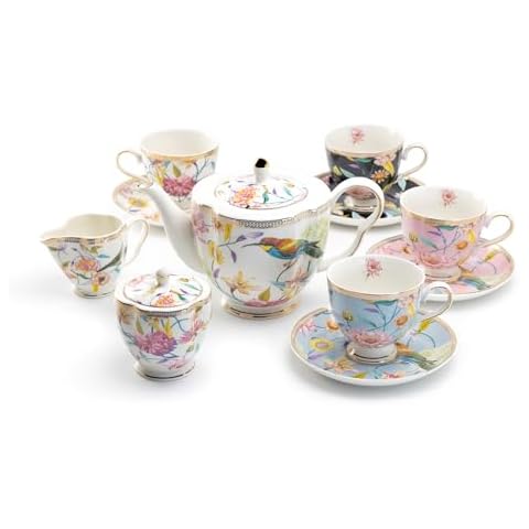 Gracie China Shop Grace Teaware Spring Flowers with Hummingbird Assorted Cups Fine Porcelain 11-Piece Tea Set, Regular Cover