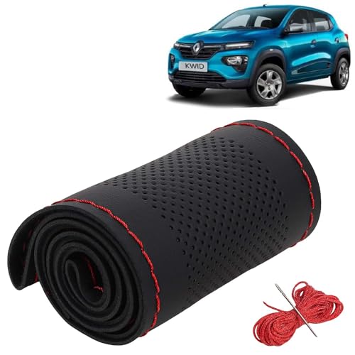 Image of KINGSWAY PU Leatherite Car Steering Cover Sewable Compatible with Renault Kwid (Year 2019 Onwards), Black Color with Red Thread, Pack of 1 with Sewing Needle and Thread