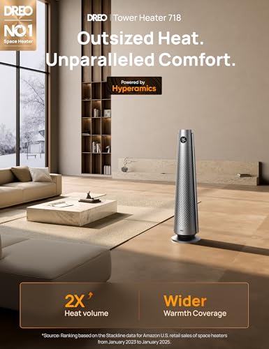 Image of DREO Space Heater Indoor, 30 inch Electric Heaters with Remote, 120 Oscillation, Adjustable Thermostat, 5 Heat & 3 Fan levels, 8 Safety Protections, 25dB Quiet, 1-12H Timer, Large Room Bedroom, Silver