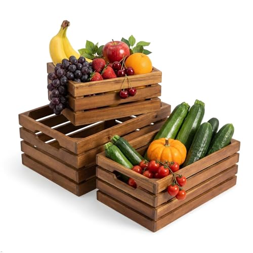 VICTORY RELAX Nesting Wood Storage Crates (Set of 3) - Natural Acacia Wood Stackable Wooden Boxes for Storage & Organization - Decorative Wooden Basket Set for Fruits, Shelving & Home Decor