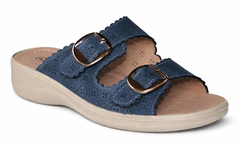 Image of Cushion Walk Womens Sandal, Amanda, Slip On, Faux Leather, Scalloped Double Buckle Slide (Navy, UK Footwear Size System, Adult, Women, Numeric, Medium, 7)