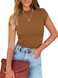 MEROKEETY Women's 2024 Summer Cap Sleeve Tops for Women Mock Neck Solid Color Ribbed Knit Shirts, Brown, X-Large