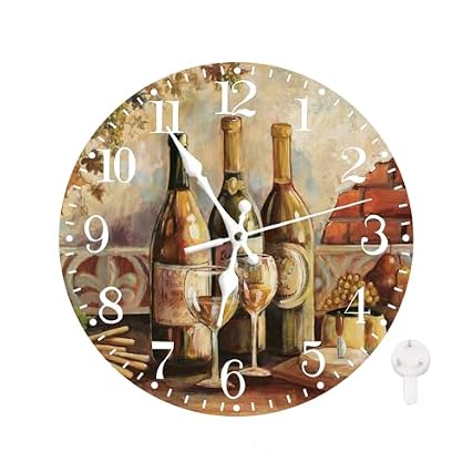 Ansouyi Round Wall Clock Battery Operated Clocks Wallclock 10 Inch,Vintage Red White Wine Grapes