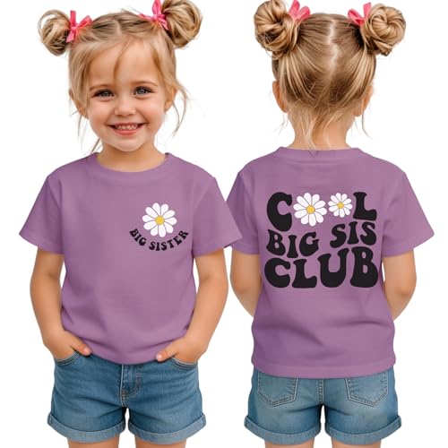 MULOIUDZ Big Sister Shirts for Toddler Girls Cool Big Sis Club T-Shirt Baby Announcement Tee Gender Reveal Outfit Summer Top(Purple 3-4T)