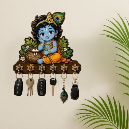 Image of Premium Baby Cute Krishna Key Holder for Home /Office Decor /Key Hanger for Wall Decor,Decorative Item for Home Handcrafted Krishna Wooden Key Holder 6 Hooks, Floral Pattern (10x10 inch)