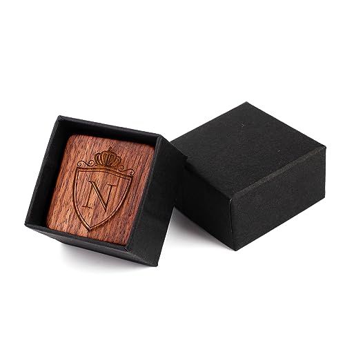 Image of Mens Initial Silver Cufflinks A-Z Alphabet Letter Steel Cuff Links with Engraved Walnut Wood Box Groom Groomsman Wedding Set