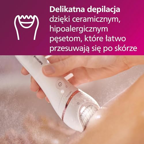 Philips Depilator z serii 8000, bezprzewodowy depilator na mokro i na sucho do nóg i ciała z 9 akcesoriami, golarką, trymerem, pilnikiem do pedicure i szczoteczką złuszczającą, model BRE740/10