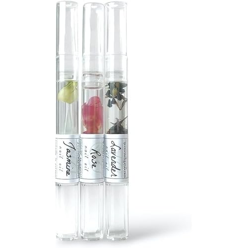 Cuticle Oil Trio – Lavender, Jasmine & Rose Pens with Real Flower Petals – Nourishes, Strengthens, Repairs & Protects – Natural Gift Set (3 Pack)