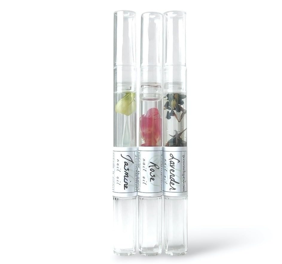 Greenmade Goods Cuticle Oil Trio – Lavender, Jasmine & Rose Pens with Real Flower Petals – Nourishes, Strengthens, Repairs & Protects – Natural Gift