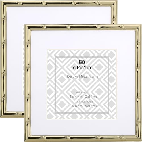 YiPinYin 6x6'' Sqaure Gold Metal Picture Frame With Mat for 4x4'' Set of 2, Bamboo Detail Designs Gold Plated Photo Frames 4x4'' With Soft Velvet Backing for Desktop and Wall D&eacute;cor