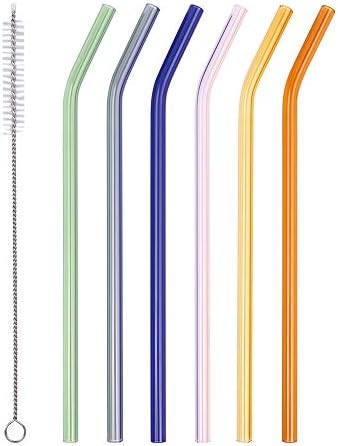 AMZSOCKETS Reusable Glass Straws - 9" L x 8 mm W - Smoothie Drinking Straws for Smoothie, Milkshakes, Pack of 6 with 1 Cleaning Brush (mix1)