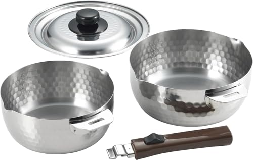 Yoshikawa 1214960 Snow Flat Pot with Handle Removable Handle Set of 2 6.3 inches (16 cm) 1.3 L; 7.1 gal (18 cm) 1.7 L; Compatible with Gas Fire Stainless Steel Double-Sided Spouts Kachatto Snow