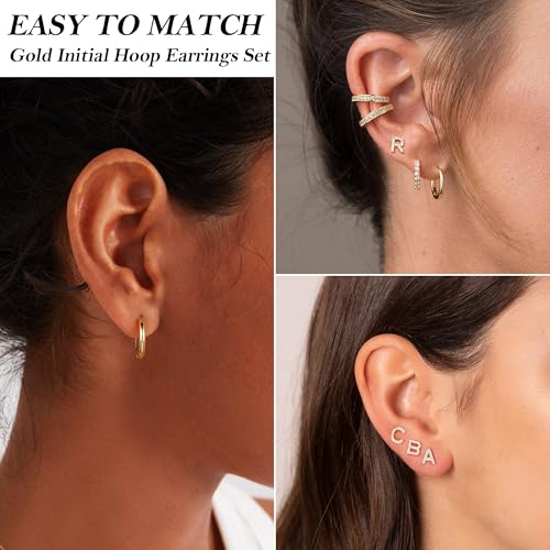 Ritach Gold Earrings for Women Girls - 3 Pairs Gold Huggie Hoop Earrings CZ Initial Stud Earrings for Women Teen Girl Gifts Hypoallergenic Cartilage Earring Set for Multiple Piercing4