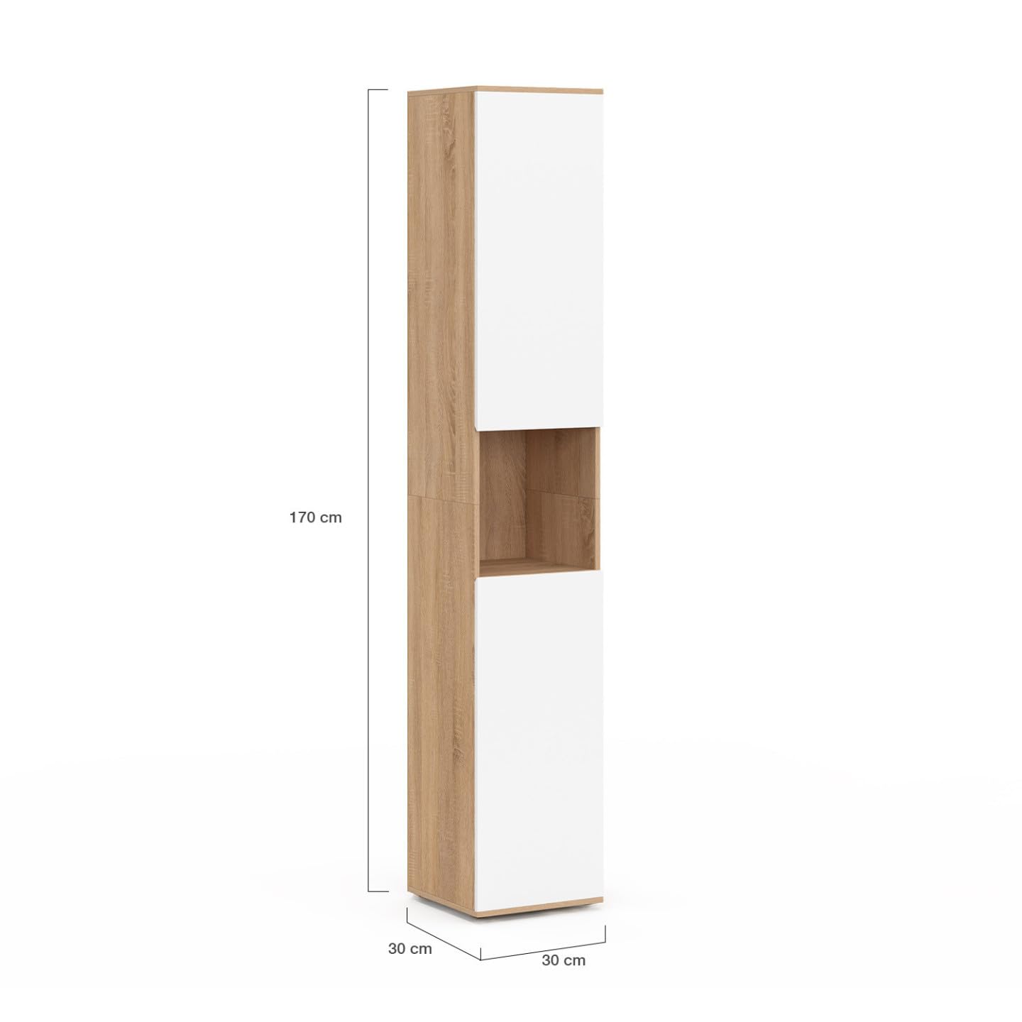 IDMarket - Meuble Colonne Salle de Bain Suspendu TOMI 2 Portes 1 Niche façon hêtre et Blanc