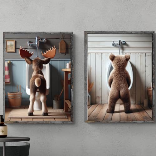 Kaility Moose and Bear Funny Bathroom Poster Animal Wildlife Prints