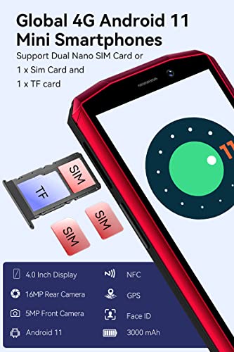 Cubot Pocket 4.0 Inch Mobile Phone, 4G Smartphone Sim Free Phones Unlocked, Android 11 Small Phone,16Mp Camera,3000Mah,4Gb+64Gb/128Gb Extension,Face Id/Nfc/Gps (Black+Red) #TOP4
