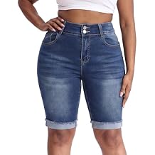 Gocolloa Womens Plus Size Jean Shorts Stretchy High Waisted Ripped Roll Hem Denim Bermuda Shorts 10" Inseam