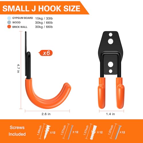 HUPBIPY Heavy Duty Garage Hooks 6 Pack, J Shaped Hanger, Wall Mounted Storage System, Power and Garden Tool Organizer, for Hanging Ladders, Bikes Tires, Hose, Bulk Items by HUPBIPY - Used condition - Image 2