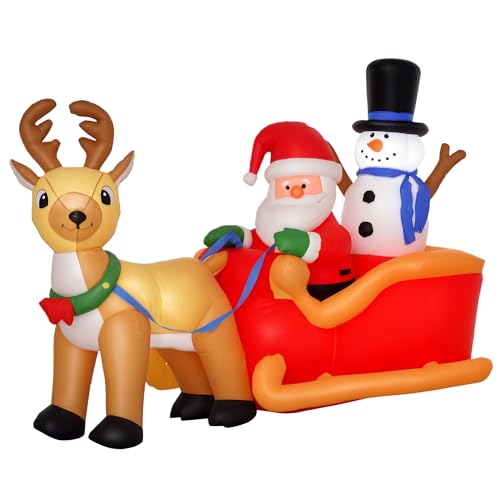 HOMCOM 6.5ft Christmas Inflatable Santa Claus on Sleigh Deer, LED Lighted for Home Indoor Outdoor Garden Lawn Decoration Party Prop