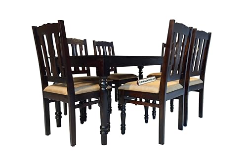 Image of Sheesham Wood 6 Seater Dining Table Set with Cushioned Chairs | Solid Wooden Furniture for Home & Kitchen (Walnut, 6 Seater)