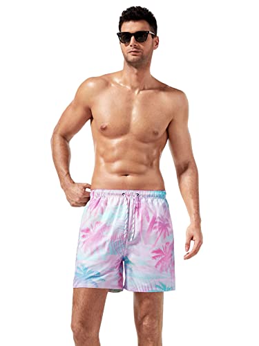 Verdusa Men's Tropical Print Drawstring Waist Swim Trunks Board Shorts With Pockets Pink And Green L #TOP3