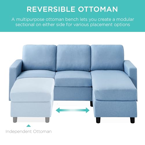 Image of Best Choice Products Upholstered Sectional Sofa for Home, Apartment, Dorm, Bonus Room, Compact Spaces w /Chaise Lounge, 3-Seat, L-Shape Design, Reversible Ottoman Bench, 680lb Capacity - Light Blue