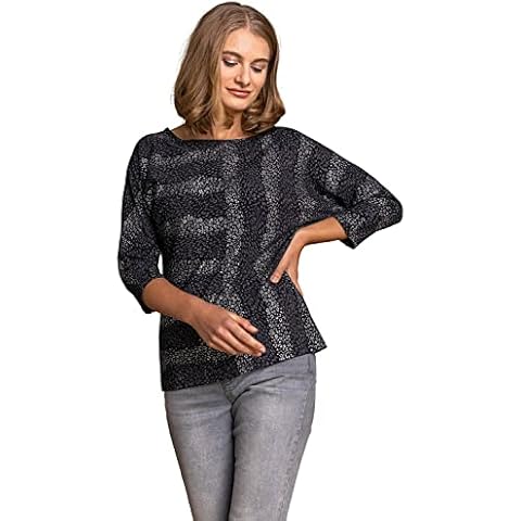 Roman Originals Women Foil Animal Stripe Print Top - Ladies Spring Evening Summer Party Round Neck Jersey 3/4 Sleeve Comfy Shirt Vacation T-Shirts - Black - Size 16 Cover