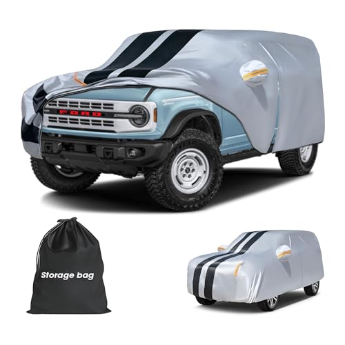 Multi-Layer Car Cover Custom Fit for Ford Bronco 4dr(2020-2026) 100% Waterproof All Weather for Automobiles Gift with Towel Heavy Duty Car Covers for Rain Sun UV Protection with Door Zipper