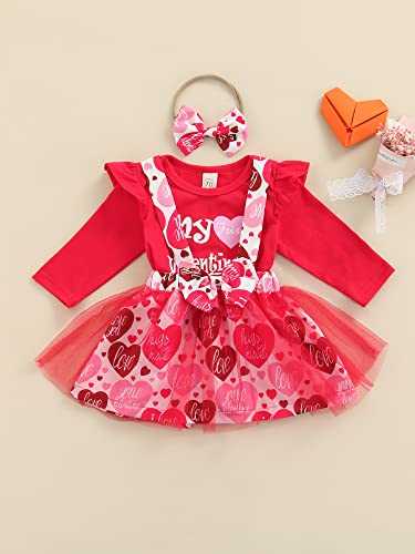 Baby Girls My First Valentines' Day Outfits Set Long Sleeve Romper Heart Print Suspenders Skirt Heaband (Red, 6-12 Months) #TOP1