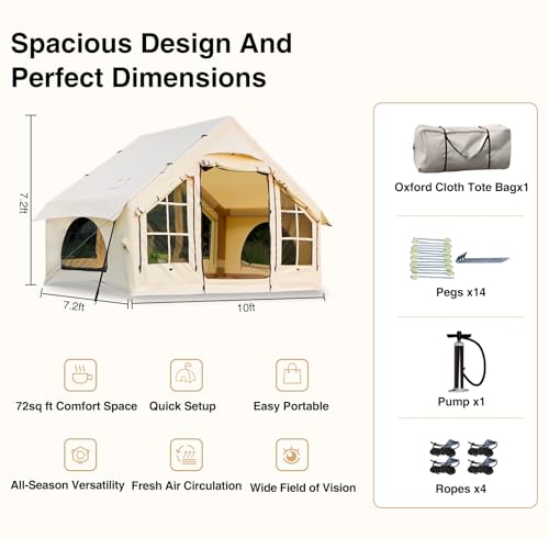 Image of KNUO Inflatable Camping Tent, Large Blow-Up Air Tent, No Assembly Needed Luxury Glamping House, Oxford Fabric