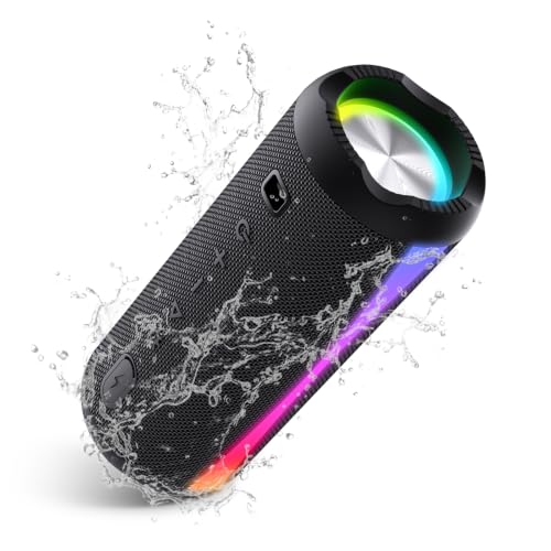 Bluetooth Lautsprecher, Musikbox Bluetooth 5.4 mit RGB Lichter, Bluetooth Box Freisprechfunktion für Phone, IP7 wasserdicht, 20h Akku, Enormer Bass mit Dualen Bass-Treibern für Outdoor/Sport, Black