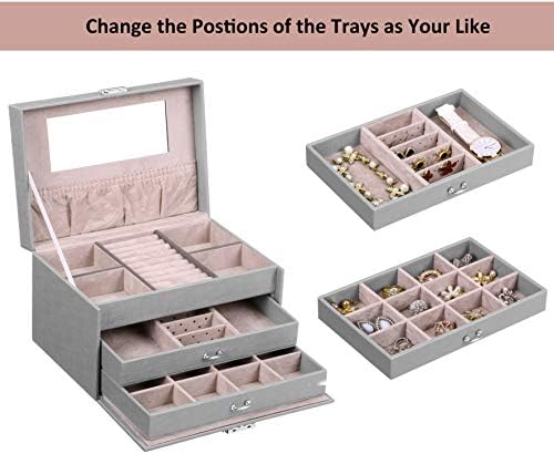 ANWBROAD 24 Section Jewelry Box Jewelry Organizer Box Display Storage Case Holder with Lock Mirror Girls Jewelry Box for Earrings Rings Necklaces Bracelets Earrings Gift Grey Faux Leather JJB002H