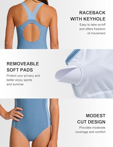 Image of Idgreatim 9-16T Teen Girls One Piece Swimsuit Athletic Bathing Suit | UPF 50+ quick dry fabric racerback design removable pads chlorine resistant for swimming training competition pool beach