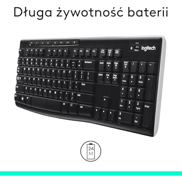 Беспроводная клавиатура Logitech K270 2 4 ГГц полноразмерная 8 мультимедийных клавиш срок службы батареи 2 года совместима с Windows PC ноутбуком раскладка QWERTY международная US - Черный