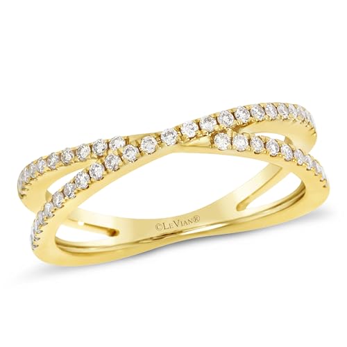 LeVian 1/4 Carat Diamond Criss Cross Ring for Women - 14k Yellow Gold Band for Her - 0.25 cttw Round Vanilla Diamond - Anniversary Wedding Band Ring Size 6 to 83