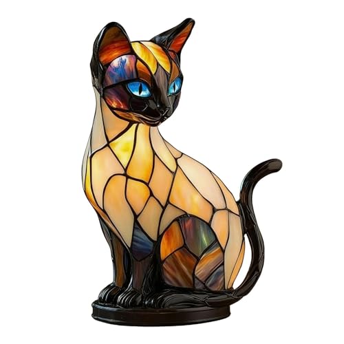 Image of Livoravoli Stained Glass Cat Lamp, Vintage Cat Lamps for Cat Lovers, Stained Resin Table Lamps, Animal Series Night Light Home Decor, 3D Cute LED Animal Bedside Table Night Lights (B)