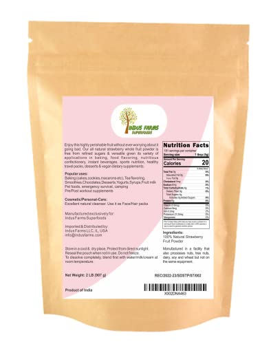 Indus Farms 100% Natural Strawberry Fruit Powder, 2 Lb, Nutritious Flavor For Baking, Supplements, Chocolates, Smoothies, Protein Shakes, Gmo-Free,Gluten-Free, Vegan,Free From Refined Sugars #TOP1