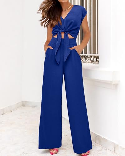 Image of PRETTYGARDEN Women's Summer 2 Piece Outfits 2026 Cap Sleeve V Neck Belted Crop Tops Wide Leg Pant Sets Casual Tracksuit
