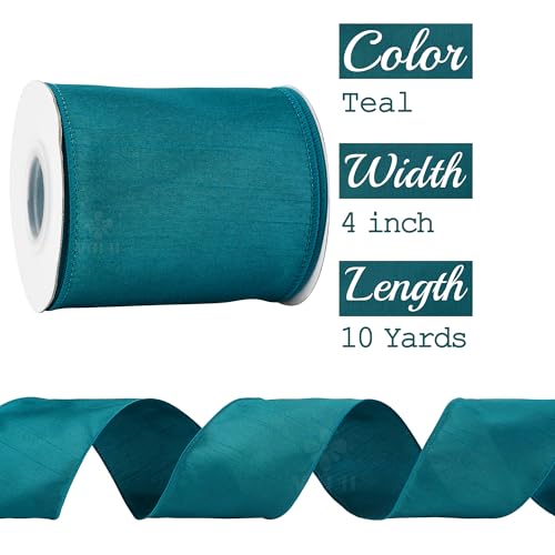 MEEDEE 4 inch Teal Farrasilk Wired Ribbon - 10 Yards - Faux Dupioni Wired Teal Green Ribbon for Christmas Tree, Garland, Gift Wrapping, Gift Baskets, Wreath Supplies, Accent Bows, Centerpiece by MEEDEE - Used condition - Image 2