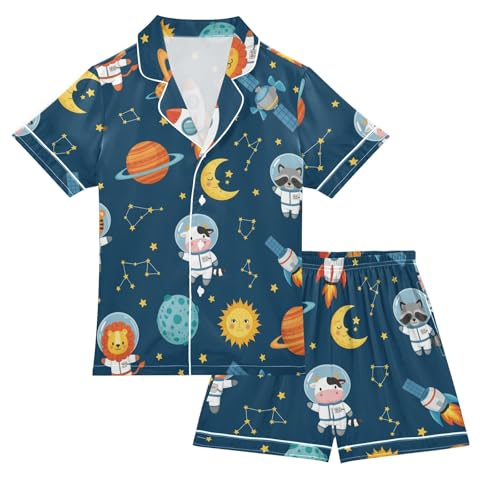 Satin Pajama Sets Short Sleeve Space Animals in Astronauts Button Down Silky Nightwear 2 Piece PJS 5-14Y